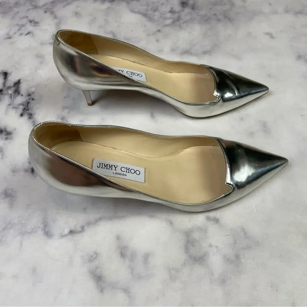 Jimmy Choo Allure Silver Metallic Pumps Kitten Heel Pointed Toe Sz 39.5